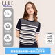 ELLE ACTIVE氣質(zhì)法式條紋針織短袖T恤女士夏季高級(jí)感時(shí)尚休閑通勤圓領(lǐng)上衣 藏青色 2XL