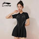 李寧（LI-NING）泳衣女士防曬連體裙式游泳衣保守大碼遮肚溫泉泳裝0631黑XL