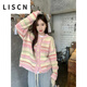 LISCN2025新款慵懶毛衣韓系淺藍(lán)色休閑外套女春秋長(zhǎng)袖針織開(kāi)衫 粉紅色 均碼