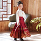 美吟兮馬面裙女童長(cháng)袖春秋季兒童織金緞面漢服古風(fēng)套裝女孩中國風(fēng)古裝 酒紅色套裝（長(cháng)袖+馬面裙）+項鏈 140