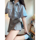貞喜氣學(xué)院風(fēng)條紋襯衫連衣裙子女夏季2025新款日韓系jk制服百褶短裙套裝 藍(lán)色條紋+灰色百褶 含領(lǐng)結(jié)+腰帶 L