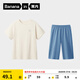 蕉內(nèi)300E兒童家居服100%純棉上衣一體織無側(cè)縫短袖短褲男女童夏季睡衣 【套裝】鈦-暖白+度假藍 150