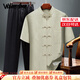 Walker Shop唐裝男短袖【高級桑蠶絲】爸爸中國風套裝夏老人爺爺生日衣服中式 米黃色+黑褲(92%桑蠶絲) L (175) 【126-145斤】