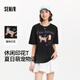 森馬（Semir）短袖t恤女中長(cháng)款寬松顯瘦萌寵印花上衣2025夏裝新款透氣套頭衫 黑色90001-戴珍珠項鏈的小貓 M