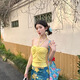 爾山集抹胸綁帶純欲性感掛脖吊帶背心上衣女夏季海邊度假網(wǎng)紗超短裙套裝 黃色上衣+花朵半身裙 M （松緊腰+自帶安全褲）