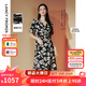朗姿【王楚然同款】2025年夏季新款連衣裙法式設(shè)計感印花黑色裙子 黑色 2XL