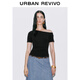 UR秋季新款女裝斜肩領(lǐng)褶皺短款修身短袖T恤UWG450180 黑色 (修身) S