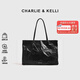CHARLIE&KELLI CK品牌包包女包大容量褶皺托特包通勤單肩手提包七夕情人節(jié)禮物 黑色【京倉配送 贈禮袋】