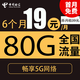 中國電信;CHINA TELECOM中國電信流量卡5G卡上網(wǎng)卡電話卡手機(jī)卡星卡大流量套餐語音卡smzdm 星杭卡19元80G全國流量＋不限速＋首月免月租