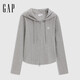 GAP女裝2025春季新款logo彈力羅紋拉鏈連帽長(cháng)袖T恤常規上衣729465