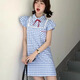 沂懿連衣裙女裙子夏季新款小個(gè)子顯瘦減齡度假風(fēng)藍色仙女裙海邊穿搭格子蕾絲小飛袖連衣裙【藍色】M