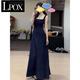 LPOX高定及地裙純色收腰露背彈力長(zhǎng)款吊帶連衣裙女夏針織顯瘦A字長(zhǎng)裙 藏藍(lán)色 M 建議100-110斤