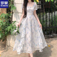 羅蒙（ROMON）大碼法式溫柔仙女碎花方領(lǐng)連衣裙女夏季胖m妹收腰顯瘦氣質(zhì)優(yōu)雅 藍(lán)色 4XL 180-200斤