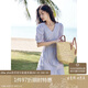 茵曼（INMAN）夏季法式花邊女裝V領(lǐng)連衣裙小清新甜美風(fēng)泡泡袖長裙子 紫荊粉 L