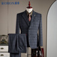 羅蒙（ROMON）【西服+馬甲+西褲】男士西服套裝格子禮服商務(wù)職業(yè)正裝西裝黑L