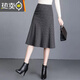 葭安千鳥(niǎo)格半身裙女中長(cháng)款2024冬季新款高腰小香風(fēng)格子a字魚(yú)尾包臀裙 黑色格子 3XL 135-145斤