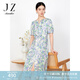 玖姿·安娜蔻醋酸印花短袖連衣裙女夏優(yōu)雅收腰開衩裙子綠色 花紋綠 L