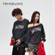 TRYFORLOVE美式字母斜肩情侶裝衛衣2025新款春秋款一字肩秋季寬松百搭外套男 黑色 常規 XL 男衛衣