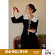 獨(dú)束大碼女裝赫本風(fēng)甜美絲絨禮服連衣裙女秋冬微胖mm系帶小黑裙 夜幕黑 L