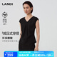 藍(lán)地（LANDI）[減壓式穿搭]LANDI醋酸V領(lǐng)褶皺設(shè)計(jì)收腰小衫女套裝T恤2025夏新品 石墨黑上衣 L