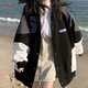 伊薇衣韓版拼色外套女2025秋冬新款復(fù)古寬松大碼百搭棒球服夾克工裝上衣 黑色 高品質(zhì) M 90-105斤