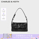 CHARLES&KEITH褶皺油蠟皮斜挎小方包手提包腋下包女士生日七夕禮物CK2-80160183 Noir黑色 S