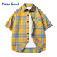 NASA GOOD短袖襯衫男夏季潮牌美式復古黃色格子寬松休閑情侶襯衣 黃S