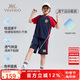 英氏（YEEHOO）男童運(yùn)動(dòng)套裝兒童短袖短褲兩件套中大童吸濕透氣足球服 深藍(lán) 150 