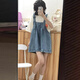 妙奕嘉牛仔背帶褲女2025新款夏季褲子闊腿短褲小個子顯瘦可愛學生連體褲 淺藍色卷邊牛仔背帶短褲 L 【建議80-120斤】