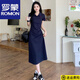 羅蒙（ROMON）純棉短袖T恤連衣裙女收腰顯瘦夏季新款刺繡POLO領(lǐng)學(xué)院風(fēng)長(zhǎng)裙子潮 藏青色長(zhǎng)·款 M