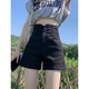 衣然呈品彈力時尚高腰顯瘦牛仔短褲女夏季薄款外穿排扣闊腿百搭a字熱褲女 黑色 M 【建議90-110斤】