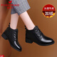 富貴鳥(niǎo)女鞋深口單鞋女粗跟圓頭系帶女靴百搭休閑皮鞋秋冬新款中跟短靴女 加絨黑色FN0214/9725 38