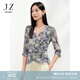玖姿·安娜蔻優(yōu)雅淑女風(fēng)紗羅褶皺收腰中袖修身上衣女2025夏季新款 花雪青 S