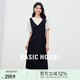 百家好（Basic House）Basic House/百家好撞色拼接假兩件連衣裙2025夏新款圓領(lǐng)短袖長裙 黑色 L