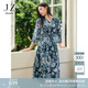 玖姿·安娜蔻【草目系列】雪紡V領七分袖印花連衣裙女2024春款 花丈青 M