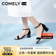 康莉（COMELY）一字帶涼鞋女粗跟25年夏季羊皮中跟時尚百搭通勤時裝涼鞋 黑色 37