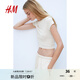 H&M女裝T恤夏季修身彈力汗布窄邊領(lǐng)口辣妹短上衣1234741 淺米色 M 165/96