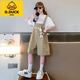G.DUCKKIDS女童夏裝背帶褲套裝2025新款中大童洋氣時髦兒童裝夏天短褲兩件套 卡其色 160