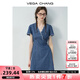 VEGA CHANG牛仔連衣裙女2025新款夏季小個子V領(lǐng)蕾絲花邊顯瘦度假風(fēng)收腰短裙 海灣藍(lán)(短款) XL