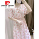 皮爾卡丹（PIERRE CARDIN）官方品牌新款韓版連衣裙女夏休閑a字裙純色碎花短袖中長裙荷葉邊 XL 116-125斤