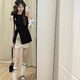 MR.KA夏絕美穿搭套裝女蝴蝶結開叉外穿背心黑色上衣波點半身短裙一整套 上衣+半裙 M 90-100斤
