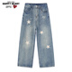 查爾斯桃心牛仔褲男趣味小狗印花直筒春秋季新款闊腿長(cháng)褲 水洗淺藍 XL