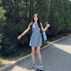 西兒小個(gè)子無袖格子背心連衣裙女夏季收腰顯瘦法式氣質(zhì)系帶A字短裙子 藍(lán)色格子 L 100-110斤