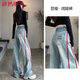 唐思薇拼接闊腿牛仔褲女2025年春夏薄款高腰顯瘦刺繡淺色垂感拖地直筒褲 淺藍(lán)色【長(zhǎng)褲】 M 【建議85-100斤】
