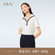 OVV2023春夏新款女裝絲棉混紡精致休閑半開襟海軍風(fēng)短袖針織衫 米白鑲拼08 M