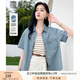 香影牛仔短袖襯衫女2025夏季新款淺藍(lán)色襯衣寬松復(fù)古刺繡薄款外套 牛仔藍(lán) M