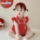 優(yōu)奇嬰兒衣服女寶寶夏季薄款包屁衣新中式滿(mǎn)月服百天寶寶紅色喜慶禮服