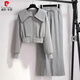 皮爾卡丹長(cháng)袖短款外套衛衣高腰闊腿喇叭褲休閑運動(dòng)時(shí)尚洋氣兩件套裝女春秋 灰色 【短外套+褲子套裝】 XL 【建議115-130斤內】