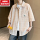 Lee dprre純棉格子襯衫男夏季透氣短袖襯衣外套男寬松休閑青少年五分袖寸衫 A11淺卡 3XL (約160~185斤可穿)