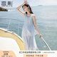 香影藍色海邊連衣裙女無袖2025夏裝新款不規(guī)則荷葉邊航海系沙灘裙 航線藍 M 160/84A/95-110斤